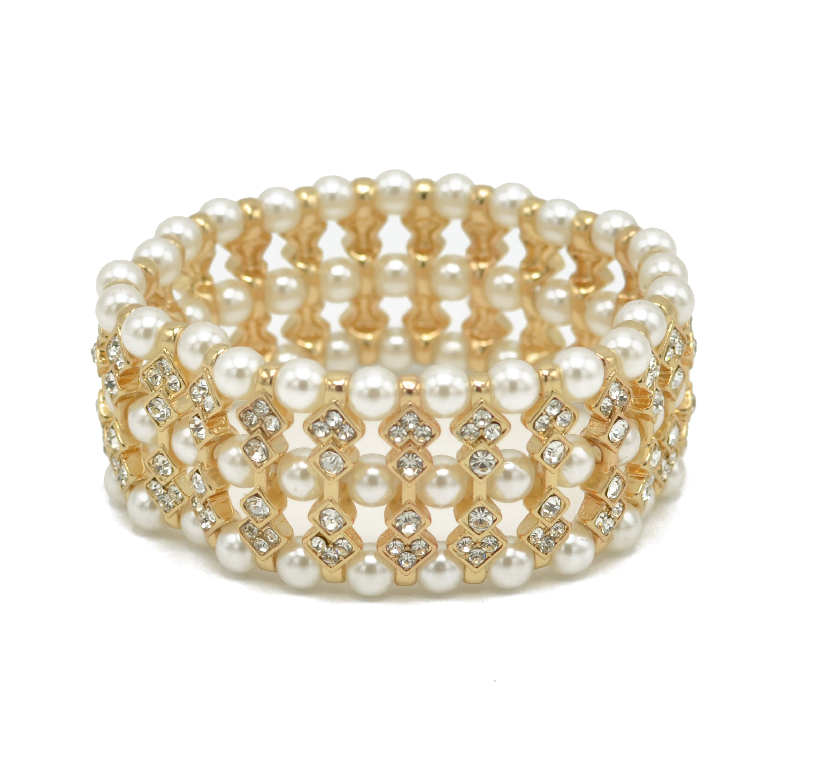 GOLD CREAM PEARL AND CRYSTAL MEMORY WIRE STRETCH BRACELET #SQGN083021(NB4-5)