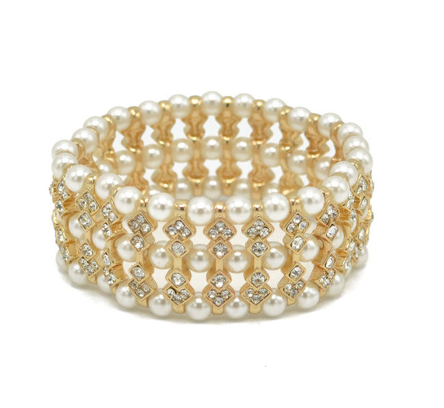 GOLD CREAM PEARL AND CRYSTAL MEMORY WIRE STRETCH BRACELET #SQGN083021(NB4-5)