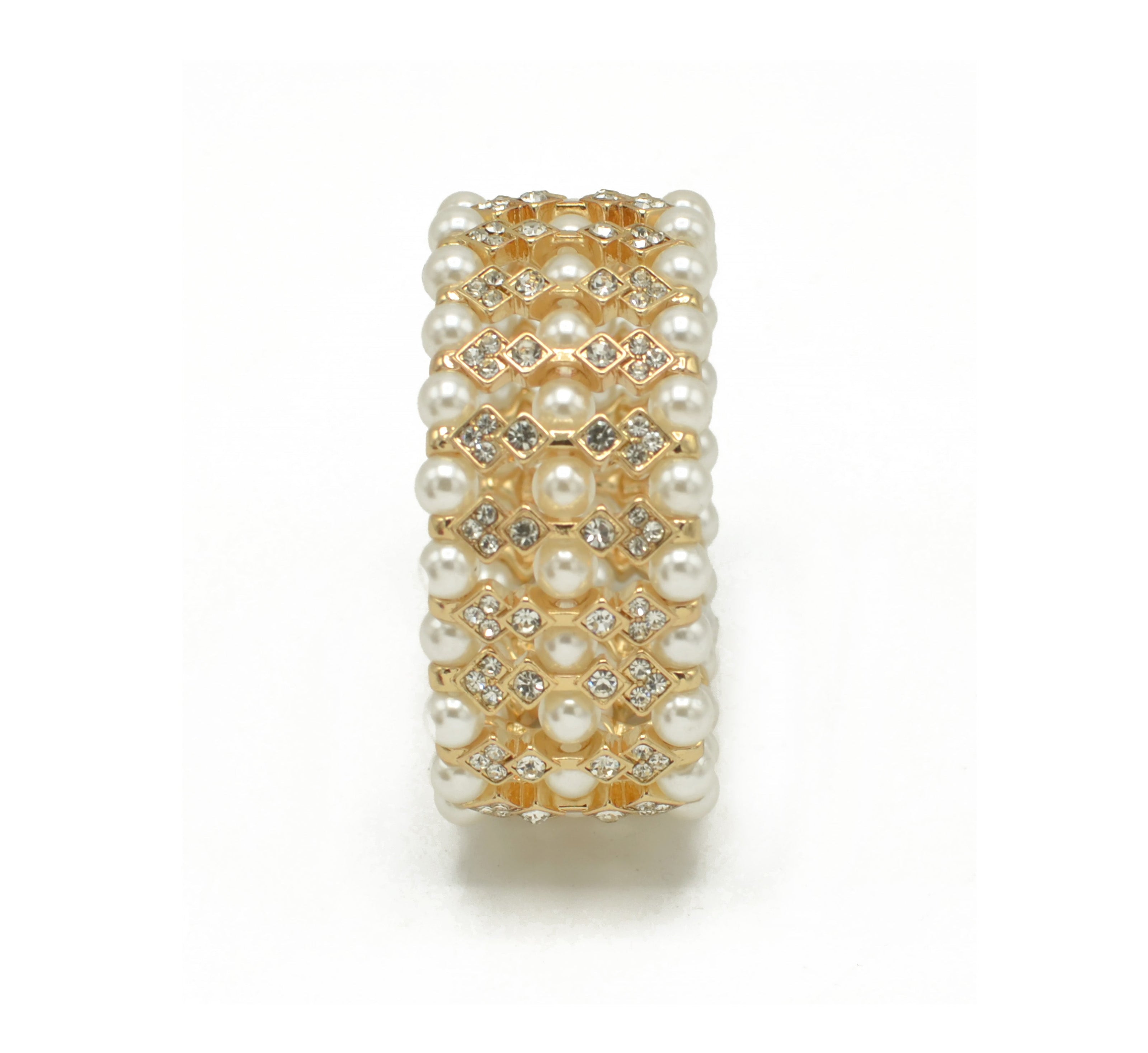 GOLD CREAM PEARL AND CRYSTAL MEMORY WIRE STRETCH BRACELET #SQGN083021(NB4-5)