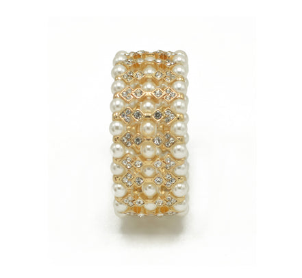 GOLD CREAM PEARL AND CRYSTAL MEMORY WIRE STRETCH BRACELET #SQGN083021(NB4-5)