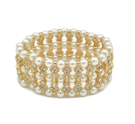 GOLD CREAM PEARL AND CRYSTAL MEMORY WIRE STRETCH BRACELET #SQGN083021(NB4-5)