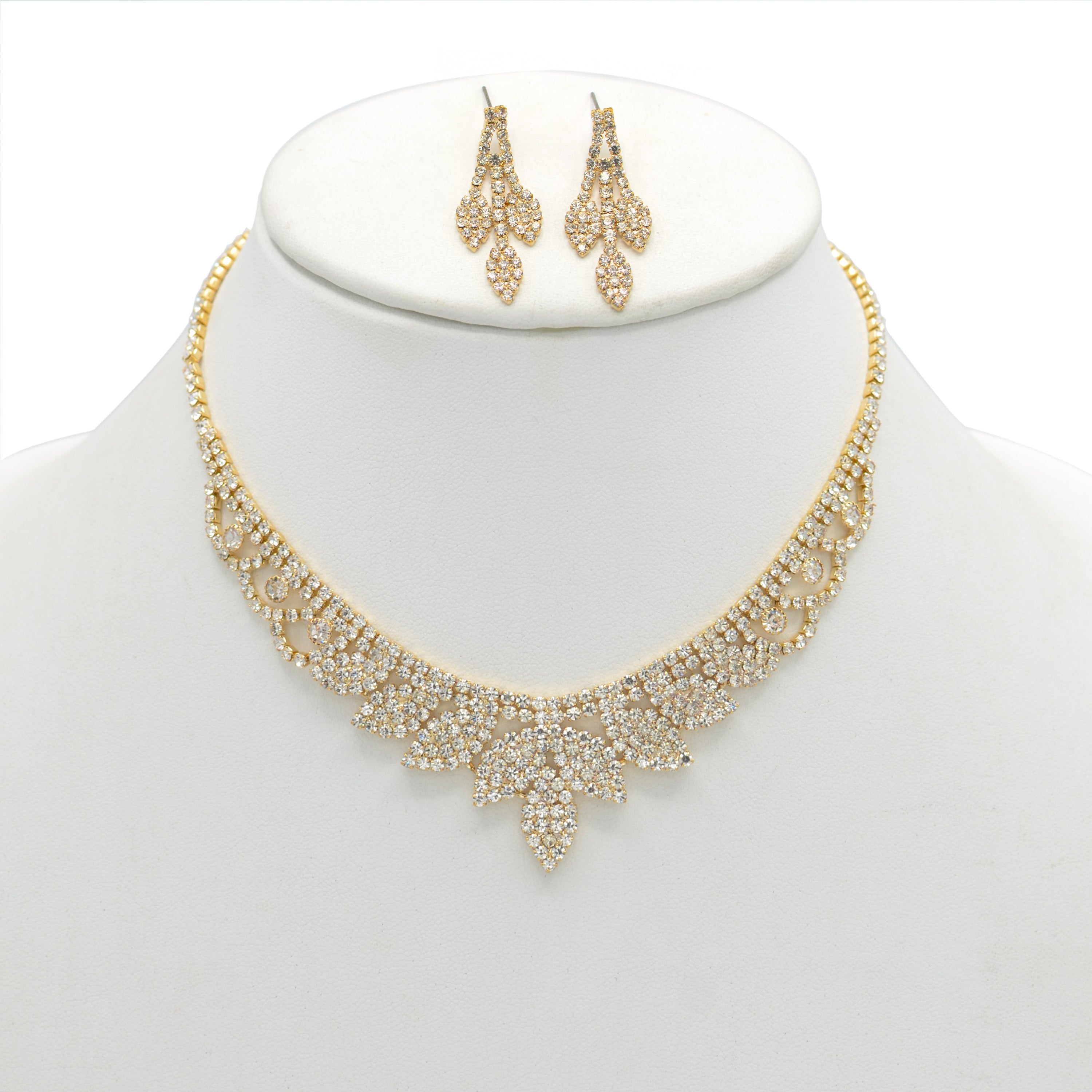 GOLD RHINESTONE CRYSTAL NECKLACE AND EARRINGS SET #SQXX0830001G (OB23/TD13)