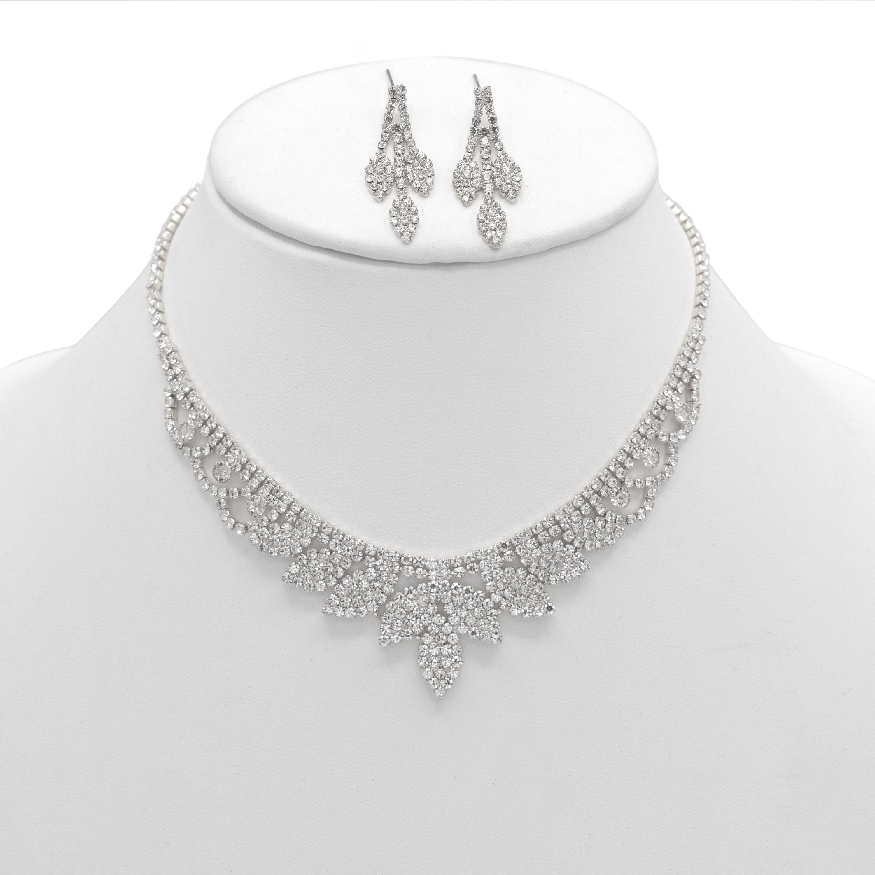 SILVER RHINESTONE CRYSTAL NECKLACE AND EARRINGS SET #SQXX0830001S(TF11)