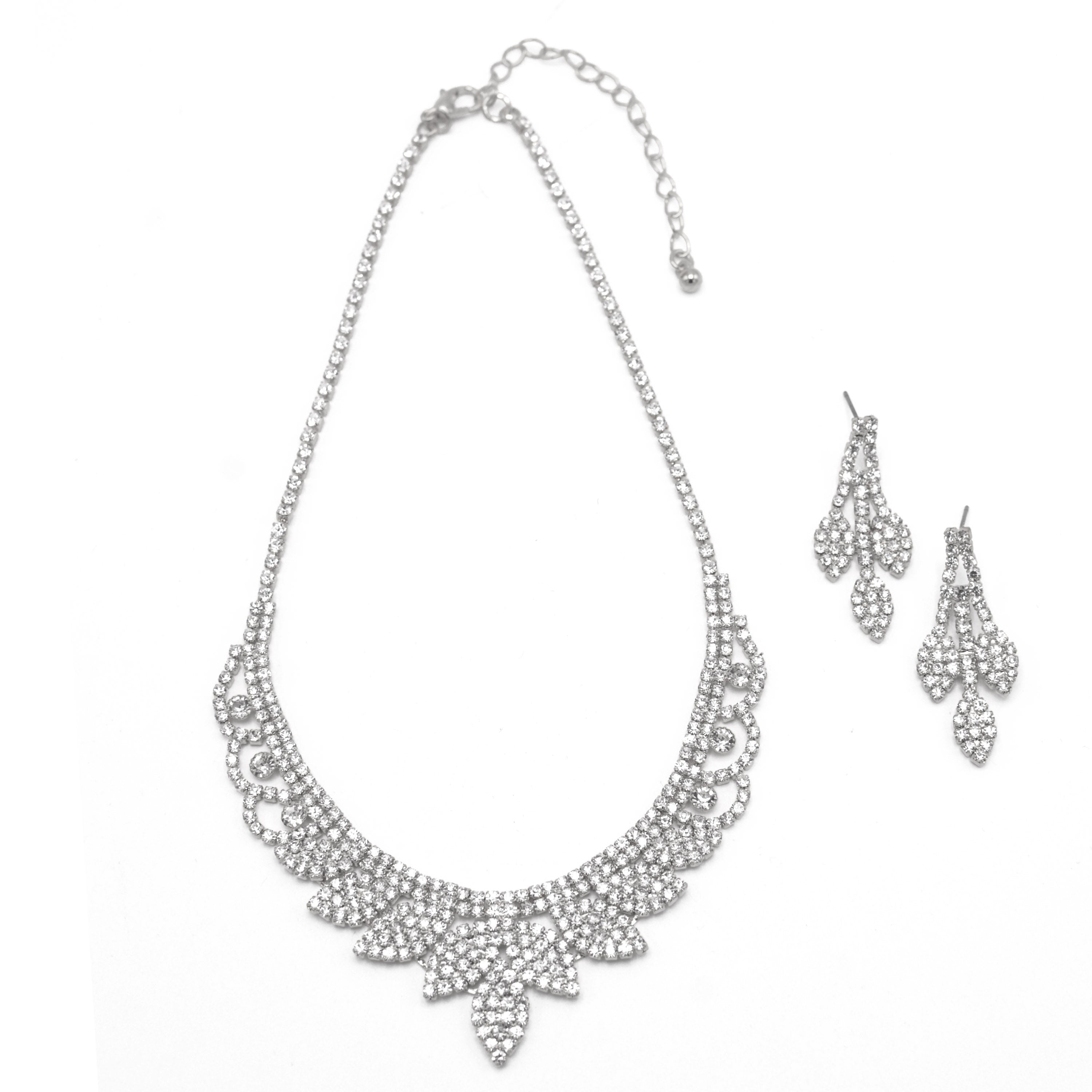 SILVER RHINESTONE CRYSTAL NECKLACE AND EARRINGS SET #SQXX0830001S(TF11)