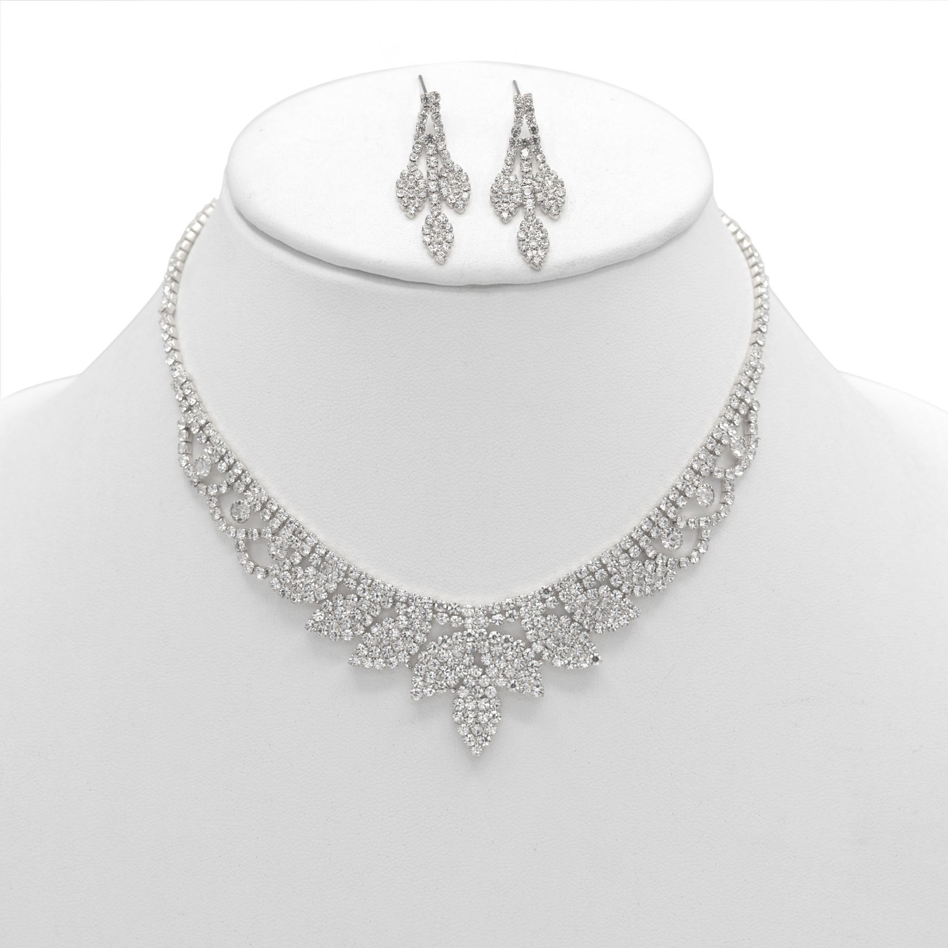 SILVER RHINESTONE CRYSTAL NECKLACE AND EARRINGS SET #SQXX0830001S(TF11)