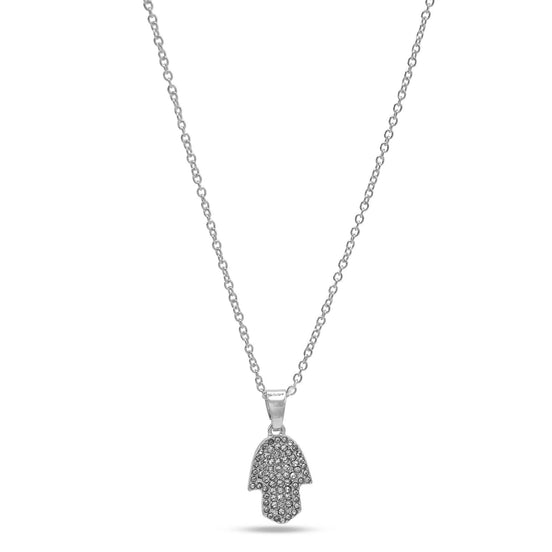 SILVER CRYSTAL HAMSA HAND PENDANT NECKLACE #SQXL0814S (SC13/TE12)