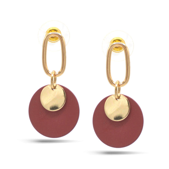 GOLD ROUND BURGUNDY POST EARRINGS#SQ321-08150040GRD