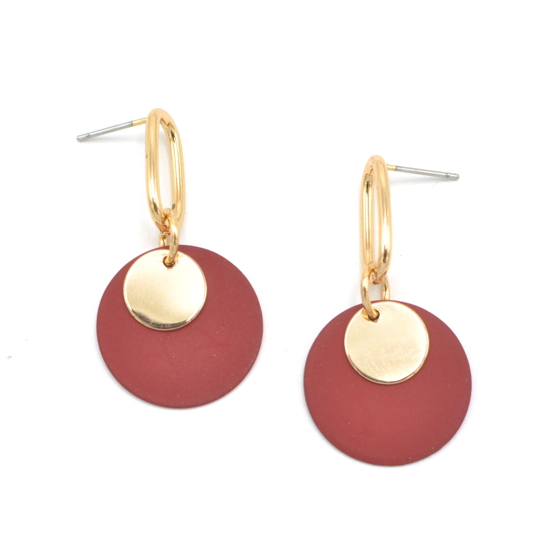 GOLD ROUND BURGUNDY POST EARRINGS#SQ321-08150040GRD