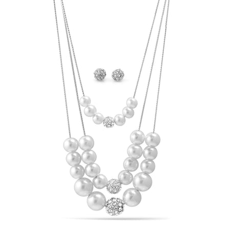 SILVER AND WHITE PEARL CRYSTAL NECKLACE AND EARRINGS SET#SWY-18017SLCM (OD27/AA11)