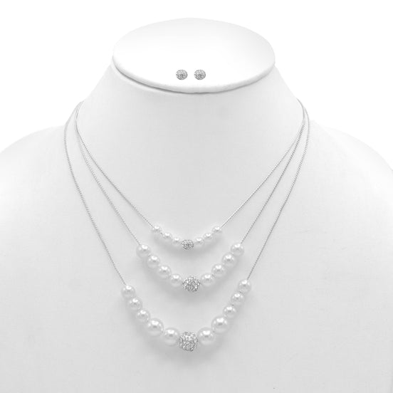 SILVER AND WHITE PEARL CRYSTAL NECKLACE AND EARRINGS SET#SWY-18017SLCM (OD27/AA11)