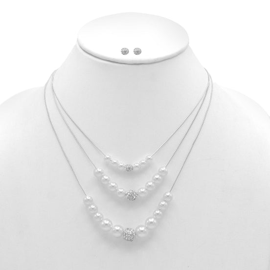 SILVER AND WHITE PEARL CRYSTAL NECKLACE AND EARRINGS SET#SWY-18017SLCM (OD27/AA11)