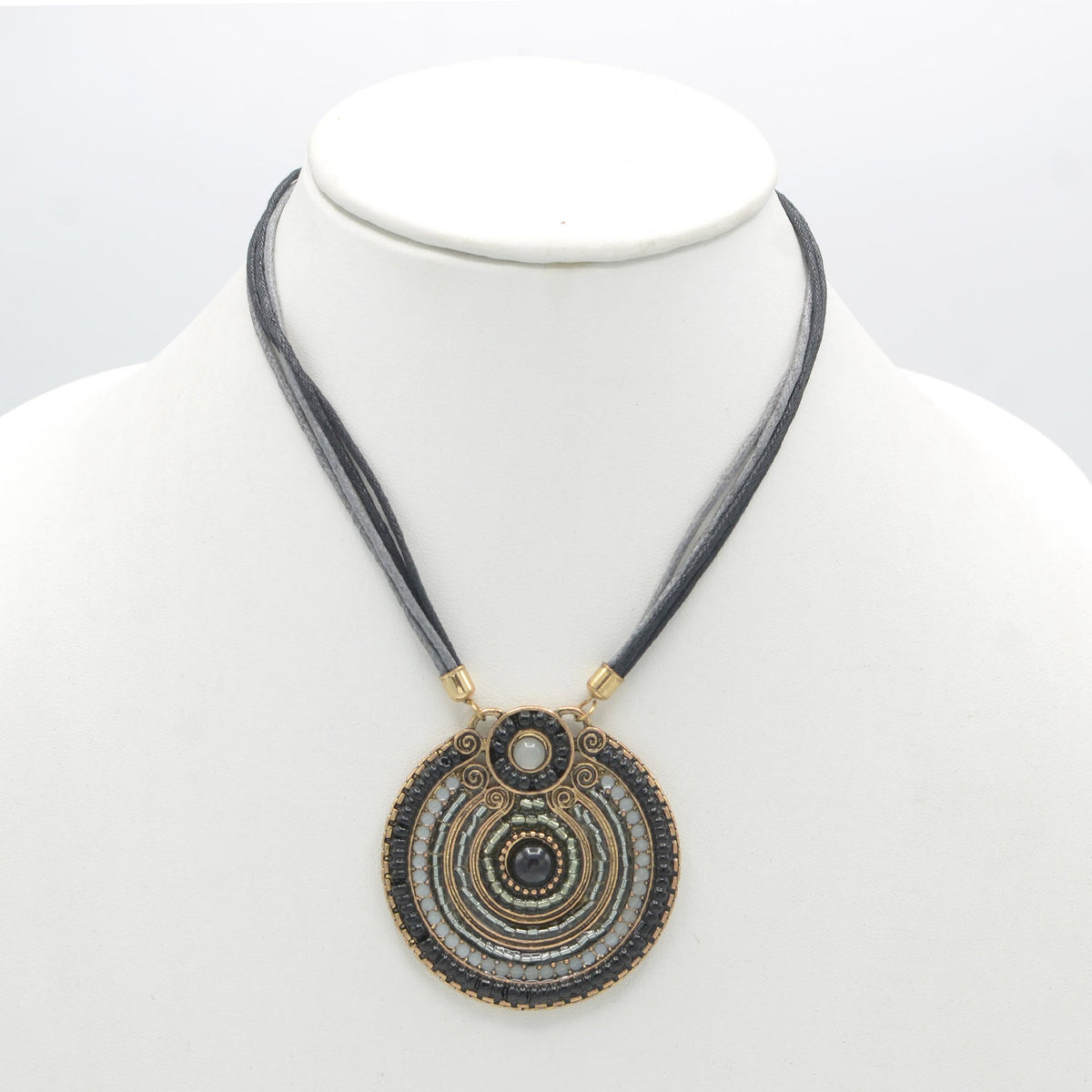GOLD OXIDIZE ROUND DISK  BEAD PENDANT ROPE CHAIN ADJUSTABLE NECKLACE# SC25049GDGRY (KF5))