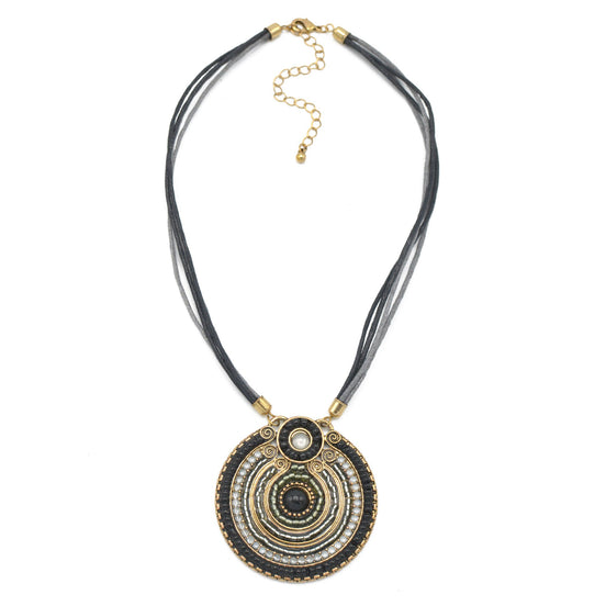 GOLD OXIDIZE ROUND DISK  BEAD PENDANT ROPE CHAIN ADJUSTABLE NECKLACE# SC25049GDGRY (KF5))