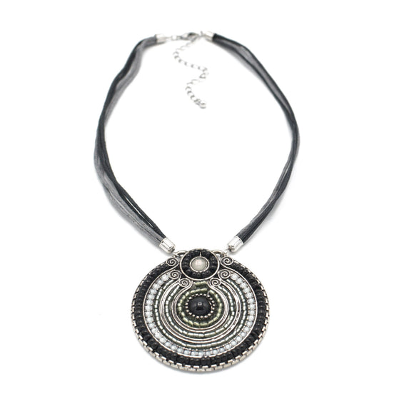 SILVER OXIDIZE ROUND DISK  BEAD PENDANT ROPE CHAIN ADJUSTABLE NECKLACE#SC25049SLGRY