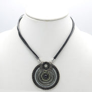 SILVER OXIDIZE ROUND DISK  BEAD PENDANT ROPE CHAIN ADJUSTABLE NECKLACE#SC25049SLGRY
