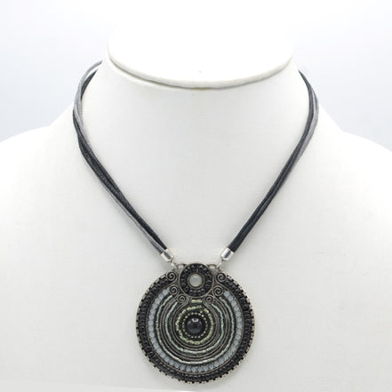 SILVER OXIDIZE ROUND DISK  BEAD PENDANT ROPE CHAIN ADJUSTABLE NECKLACE#SC25049SLGRY