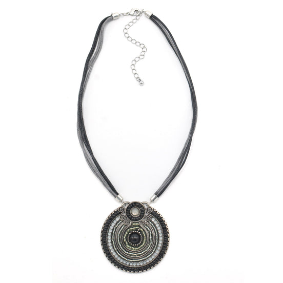 SILVER OXIDIZE ROUND DISK  BEAD PENDANT ROPE CHAIN ADJUSTABLE NECKLACE#SC25049SLGRY