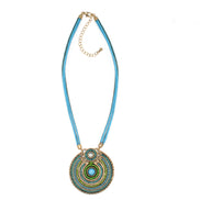 Gold Round Turquoise Pendant with Turquoise Rope Chain Necklace# SC25049GDBLU(KF2)