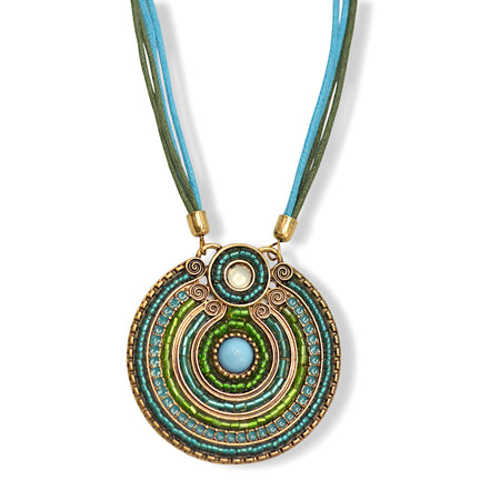 Gold Round Turquoise Pendant with Turquoise Rope Chain Necklace# SC25049GDBLU(KF2)