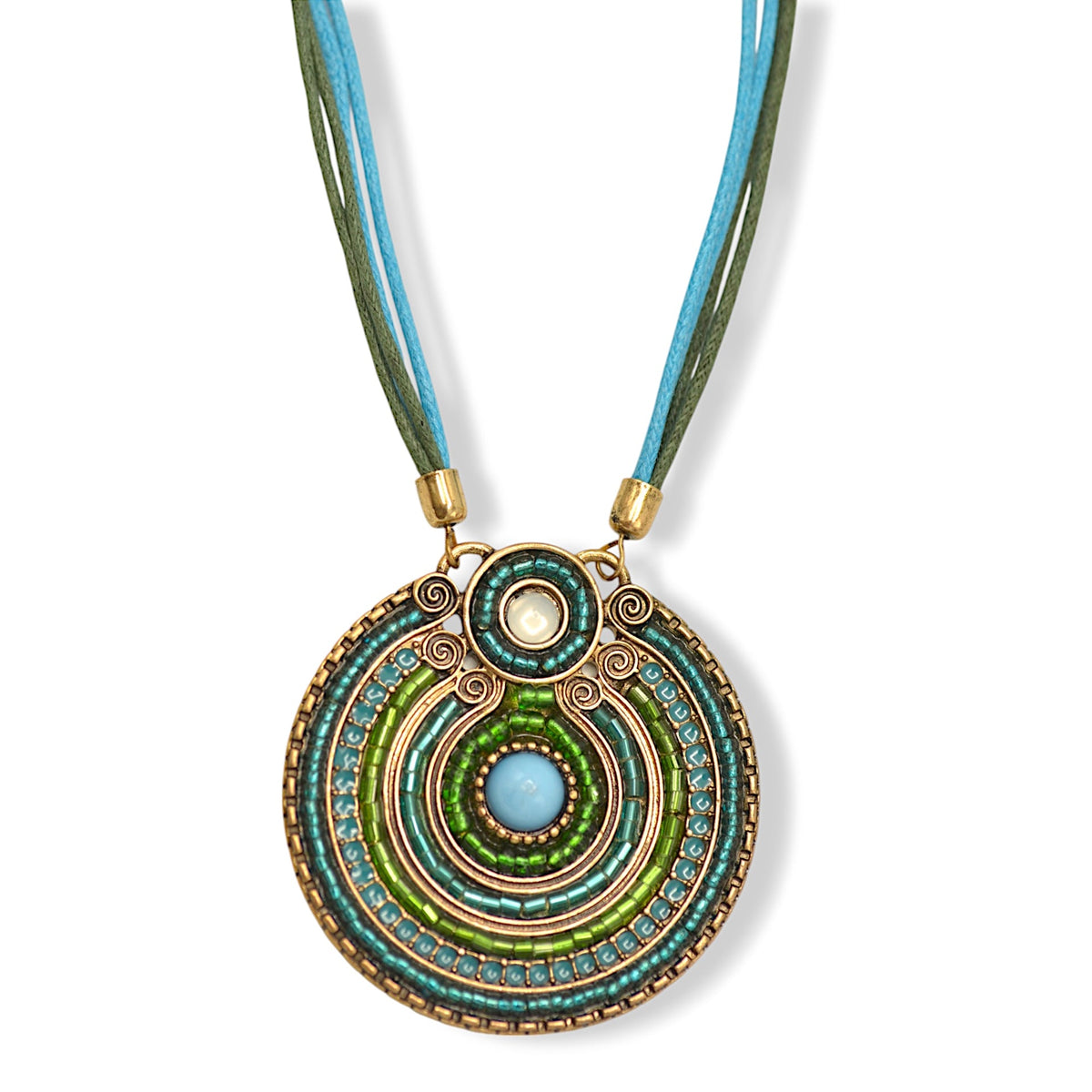 Gold Round Turquoise Pendant with Turquoise Rope Chain Necklace# SC25049GDBLU