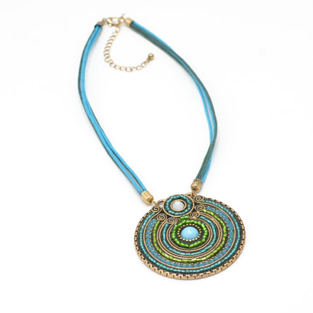 Gold Round Turquoise Pendant with Turquoise Rope Chain Necklace# SC25049GDBLU