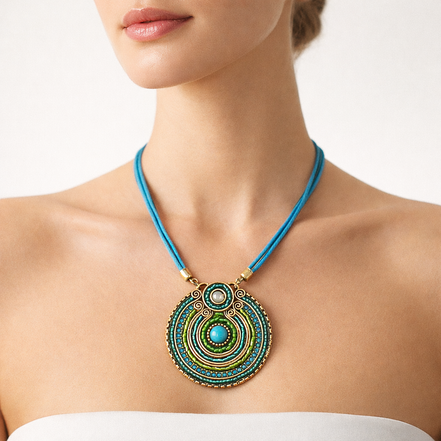 Gold Round Turquoise Pendant with Turquoise Rope Chain Necklace# SC25049GDBLU