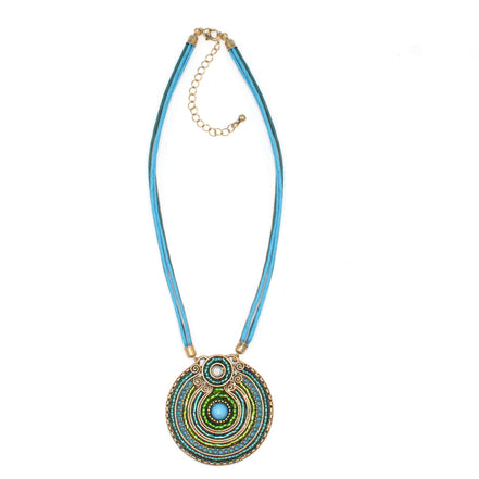 Gold Round Turquoise Pendant with Turquoise Rope Chain Necklace# SC25049GDBLU