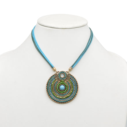 Gold Round Turquoise Pendant with Turquoise Rope Chain Necklace# SC25049GDBLU(KF2)