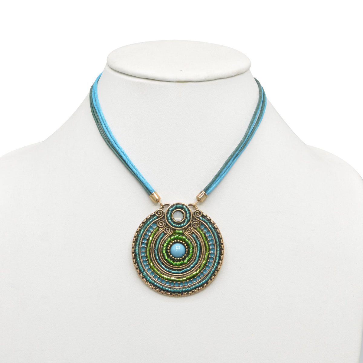 Gold Round Turquoise Pendant with Turquoise Rope Chain Necklace# SC25049GDBLU