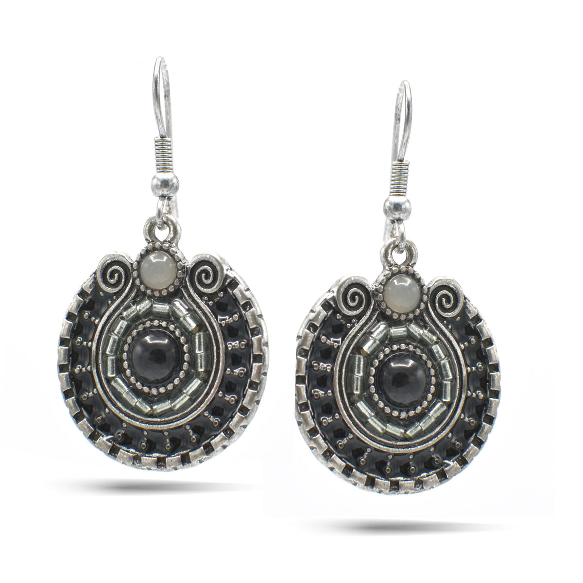 SILVER OXIDIZE ROUND DISK WITH  BEAD EARRINGS#SE25049SLGRY