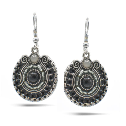 SILVER OXIDIZE ROUND DISK WITH  BEAD EARRINGS#SE25049SLGRY