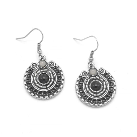 SILVER OXIDIZE ROUND DISK WITH  BEAD EARRINGS#SE25049SLGRY