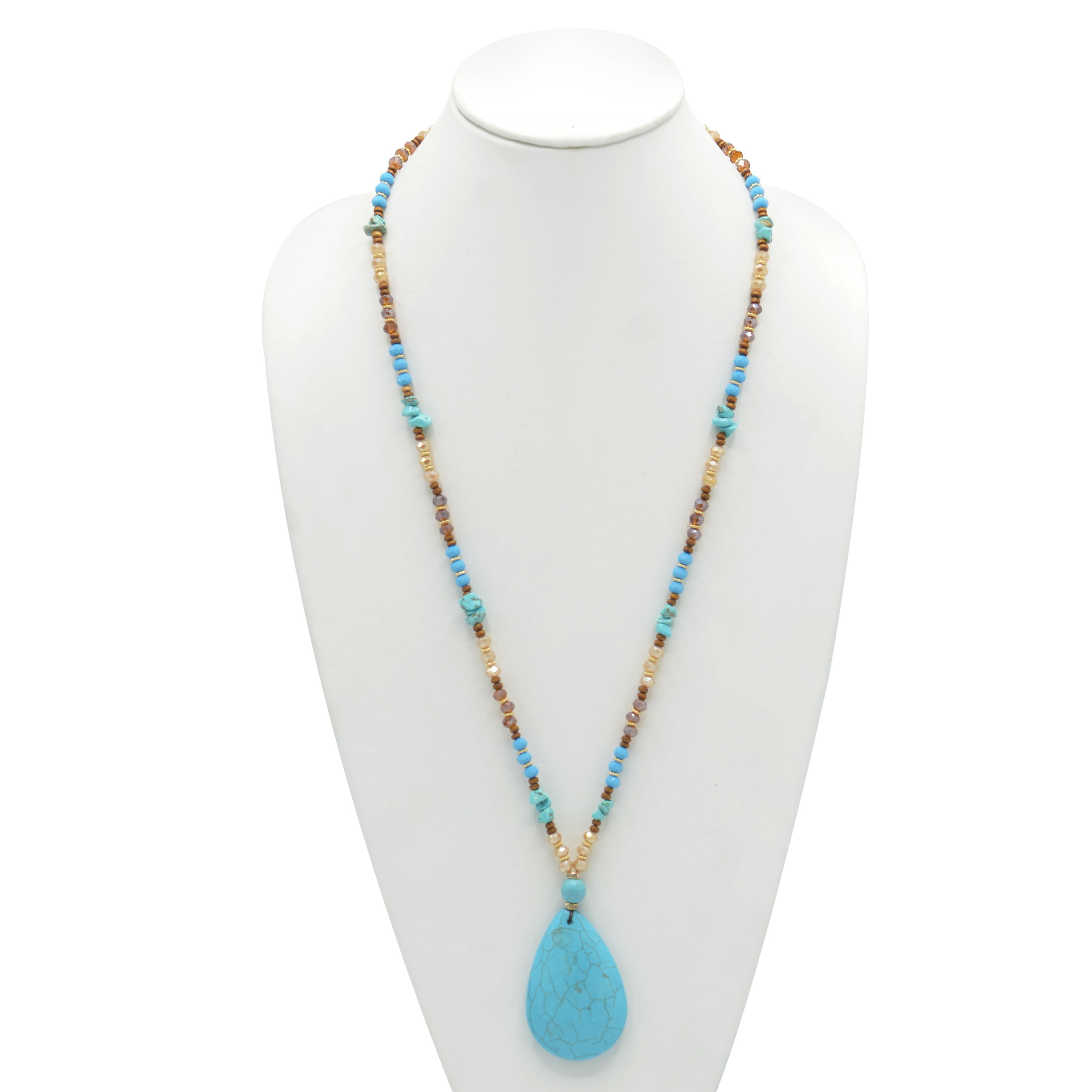 MULTICOLOR BEADS TURQUOISE TEARDROP PENDANT LONG NECKLACE#SQ321-095162