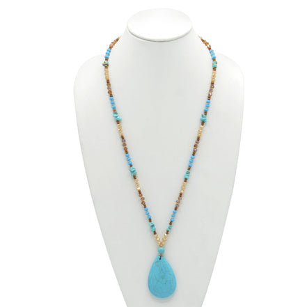 MULTICOLOR BEADS TURQUOISE TEARDROP PENDANT LONG NECKLACE#SQ321-095162
