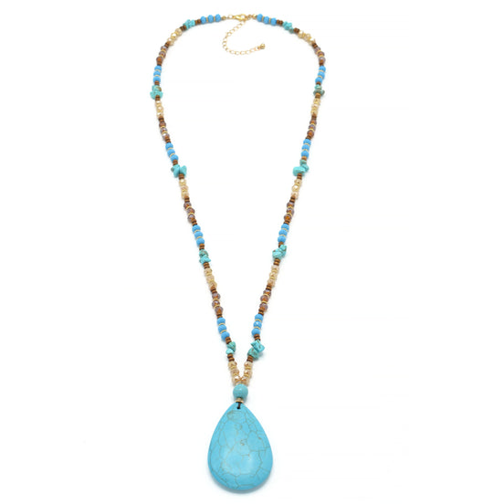 MULTICOLOR BEADS TURQUOISE TEARDROP PENDANT LONG NECKLACE#SQ321-095162