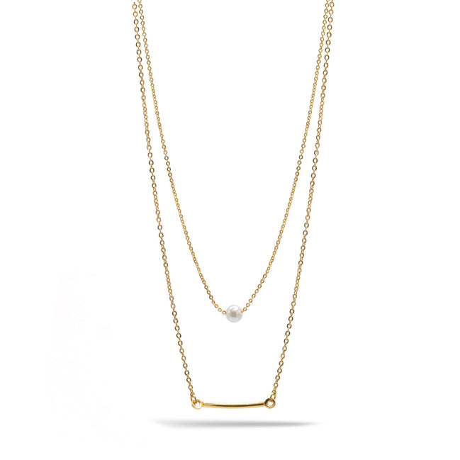 GOLD BAR AND PEARL2 ROW LAYER NECKLACE#N19505GD (SB6)