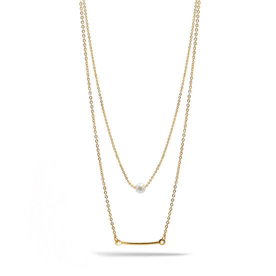 GOLD BAR AND PEARL2 ROW LAYER NECKLACE#N19505GD (SB6)