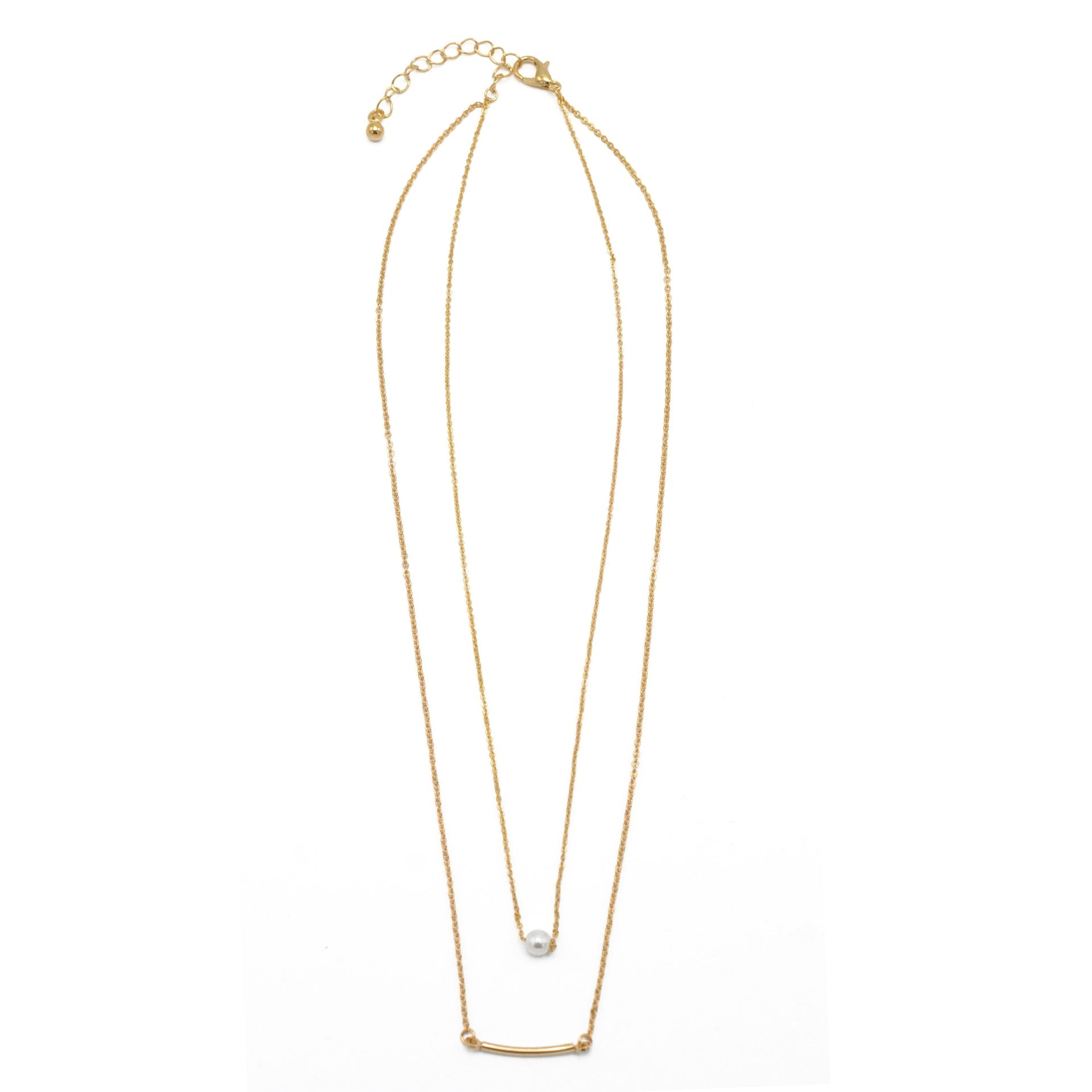 GOLD BAR AND PEARL2 ROW LAYER NECKLACE#N19505GD (SB6)