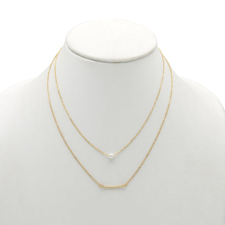 GOLD BAR AND PEARL2 ROW LAYER NECKLACE#N19505GD (SB6)