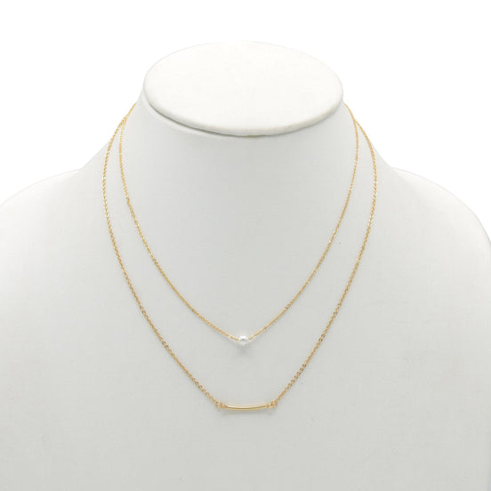 GOLD BAR AND PEARL2 ROW LAYER NECKLACE#N19505GD (SB6)