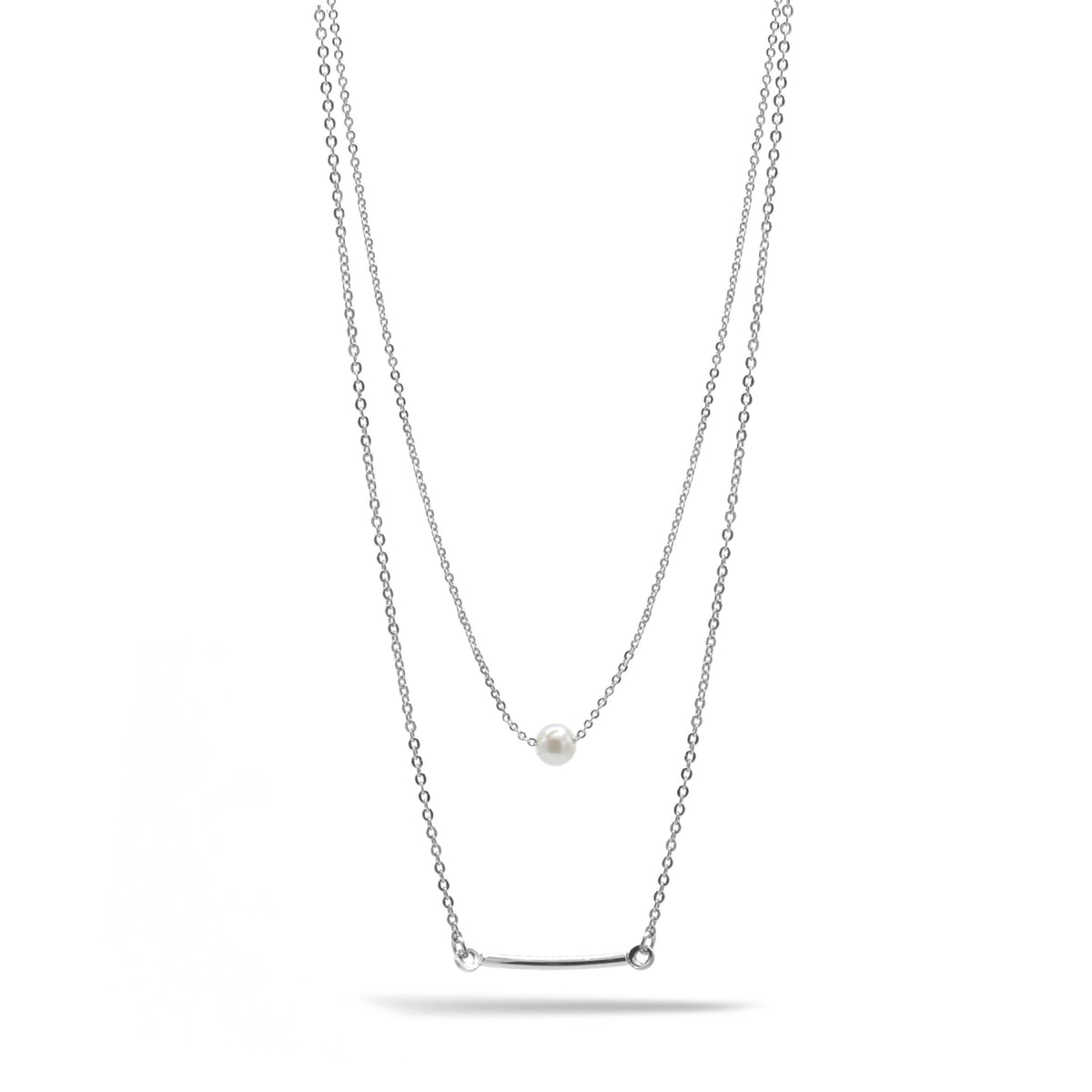RHODIUM BAR AND PEARL2 ROW LAYER NECKLACE#N19505RH (SB6)
