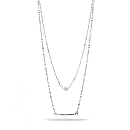 RHODIUM BAR AND PEARL2 ROW LAYER NECKLACE#N19505RH (SB6)