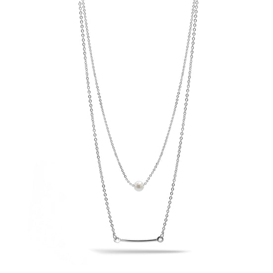 RHODIUM BAR AND PEARL2 ROW LAYER NECKLACE#N19505RH (SB6)