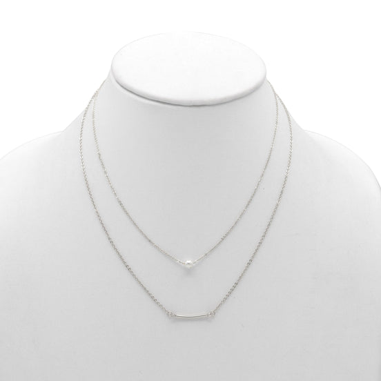 RHODIUM BAR AND PEARL2 ROW LAYER NECKLACE#N19505RH (SB6)