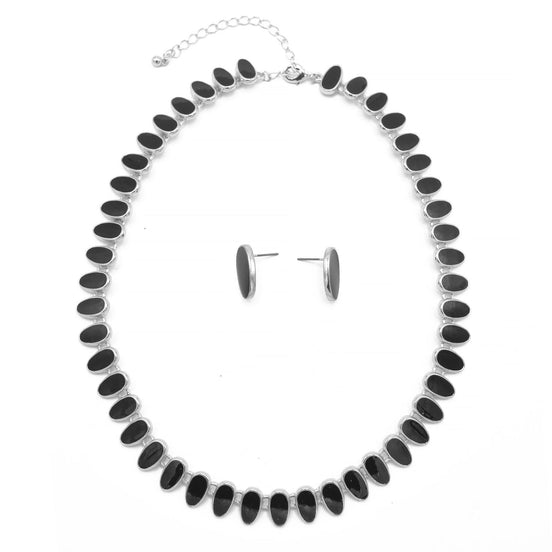 SILVER BLACK NECKLACE AND EARRINGS SET#HNN+E89815SLBK (OG1-2/Q3)