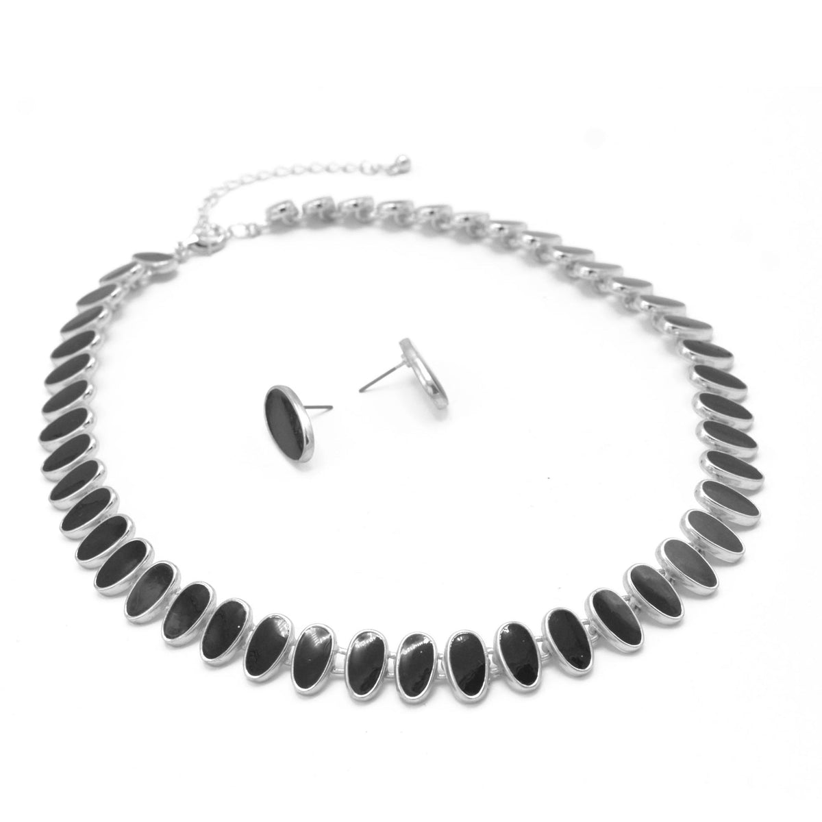 SILVER BLACK NECKLACE AND EARRINGS SET#HNN+E89815SLBK (OG1-2/Q3)