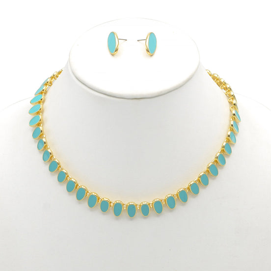 GOLD TURQUOISE NECKLACE AND EARRINGS SET#HNN+E89815GDTQ