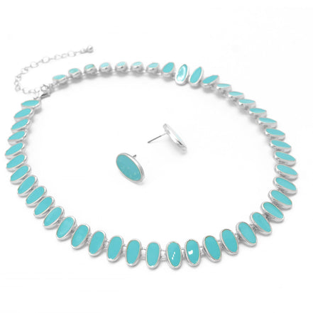 SILVER TURQUOISE NECKLACE AND EARRINGS SET#HNN+E89815SLTQ