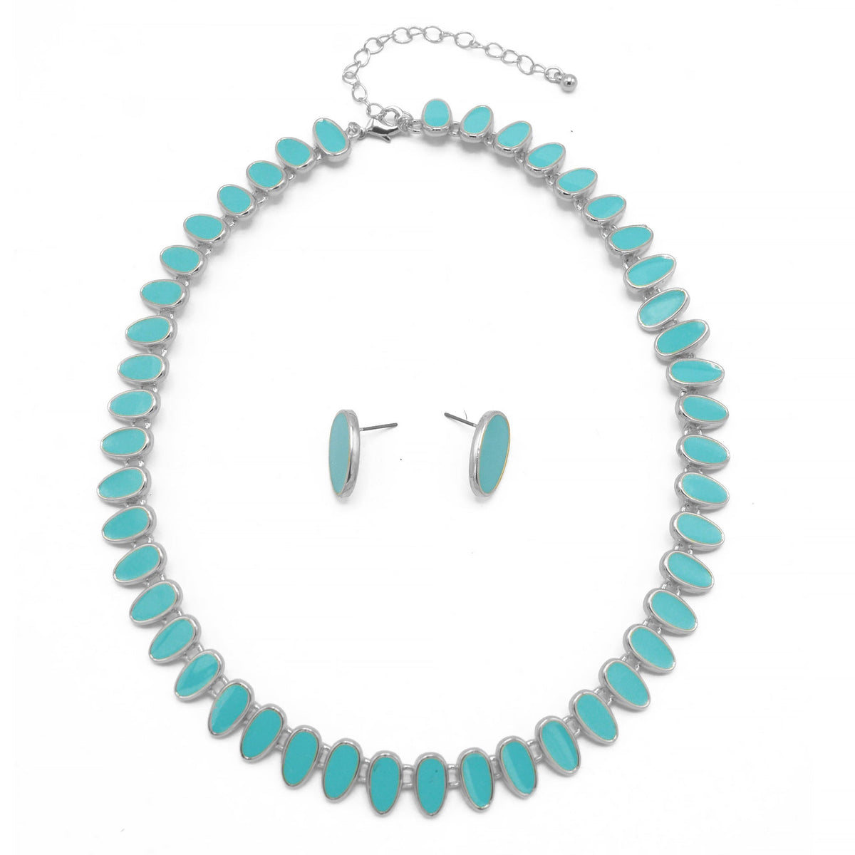 SILVER TURQUOISE NECKLACE AND EARRINGS SET#HNN+E89815SLTQ