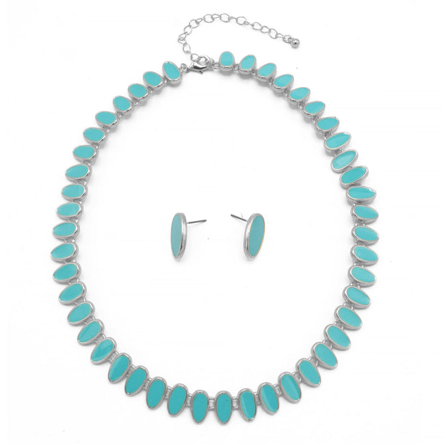 SILVER TURQUOISE NECKLACE AND EARRINGS SET#HNN+E89815SLTQ